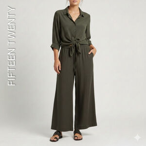 Women's FIFTEEN TWENTY Wide Leg Pants Set M Army Green Minimalist Airport Outfit